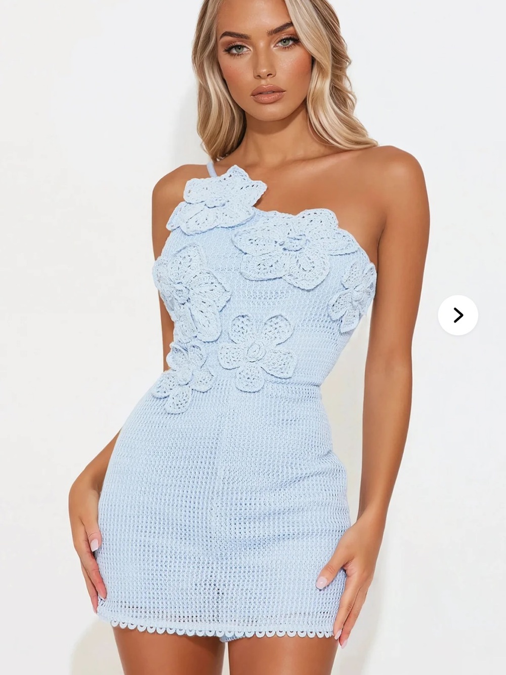 Fashion Nova Light Blue One-Shoulder Crochet Floral Mini Dress